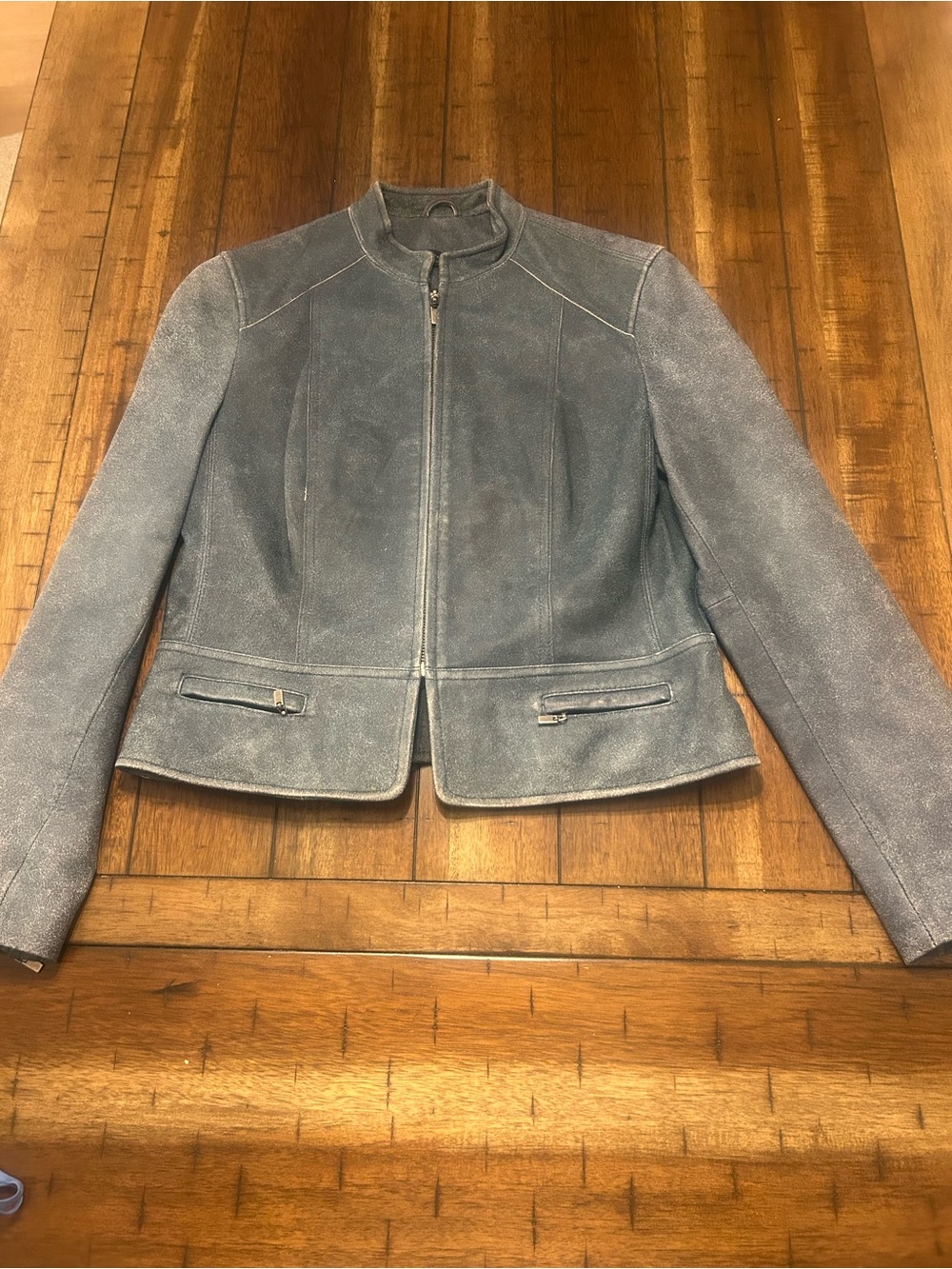 Context Petite 100% Leather Jacket Gray Distressed Moto Blazer Zip Front 6P